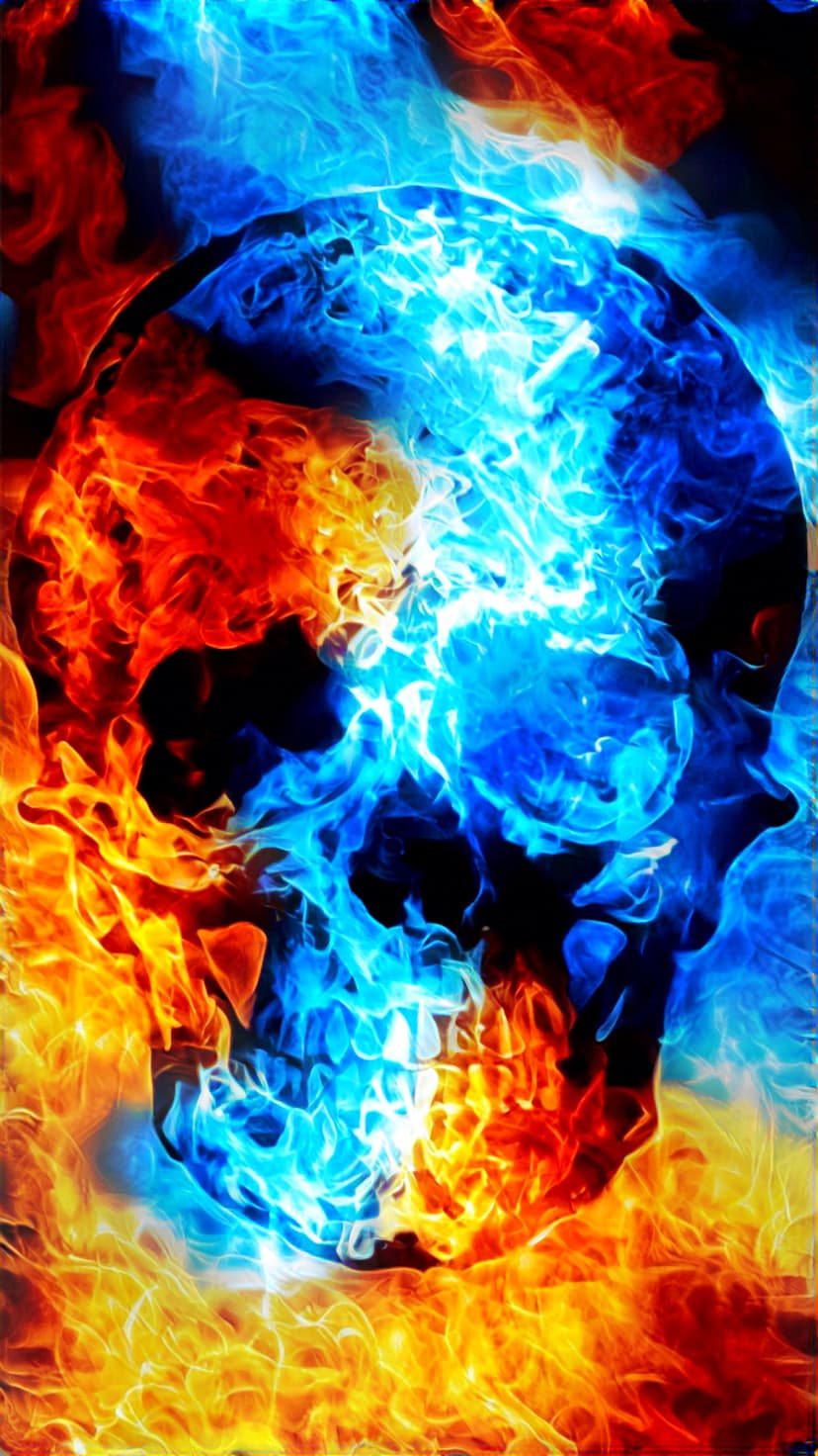 Skull facing forward with bright orange flames on the left and icy blue fire on the right against a dark background.