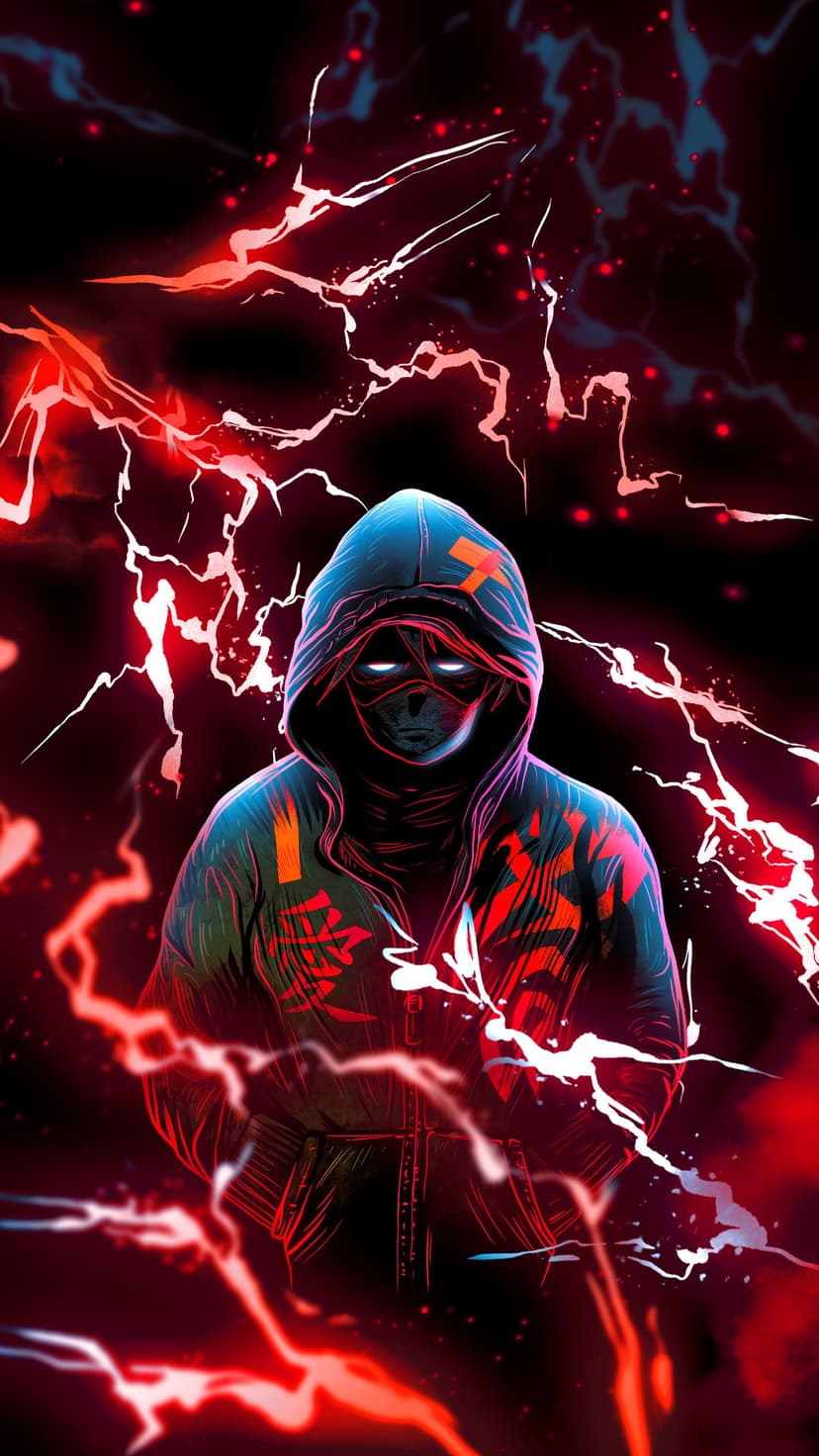 Cloaked anime figure with glowing eyes stands centered amidst intense red and white lightning in a dark sky.