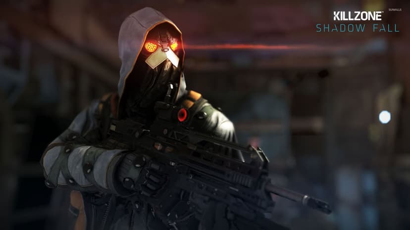 Hooded Helghast soldier with glowing orange eyes holding a futuristic rifle in a dark industrial setting.