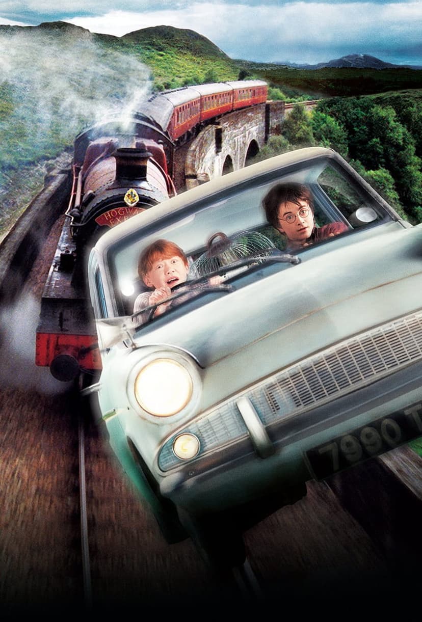 Blue flying car follows a scarlet steam train across a high stone viaduct overlooking a misty green valley.
