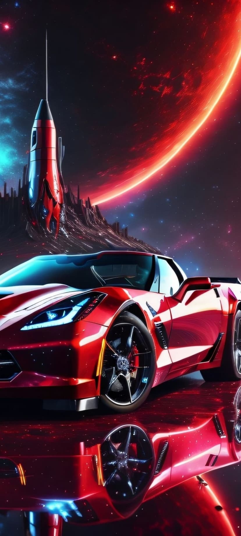 Red Corvette parked on a rocky alien moon with a launching rocket and a massive ringed planet in the night sky.