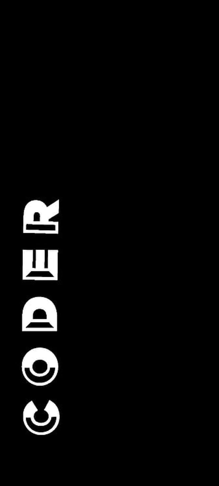 CODER text written vertically in bold white sans-serif font against a solid black background for mobile devices.
