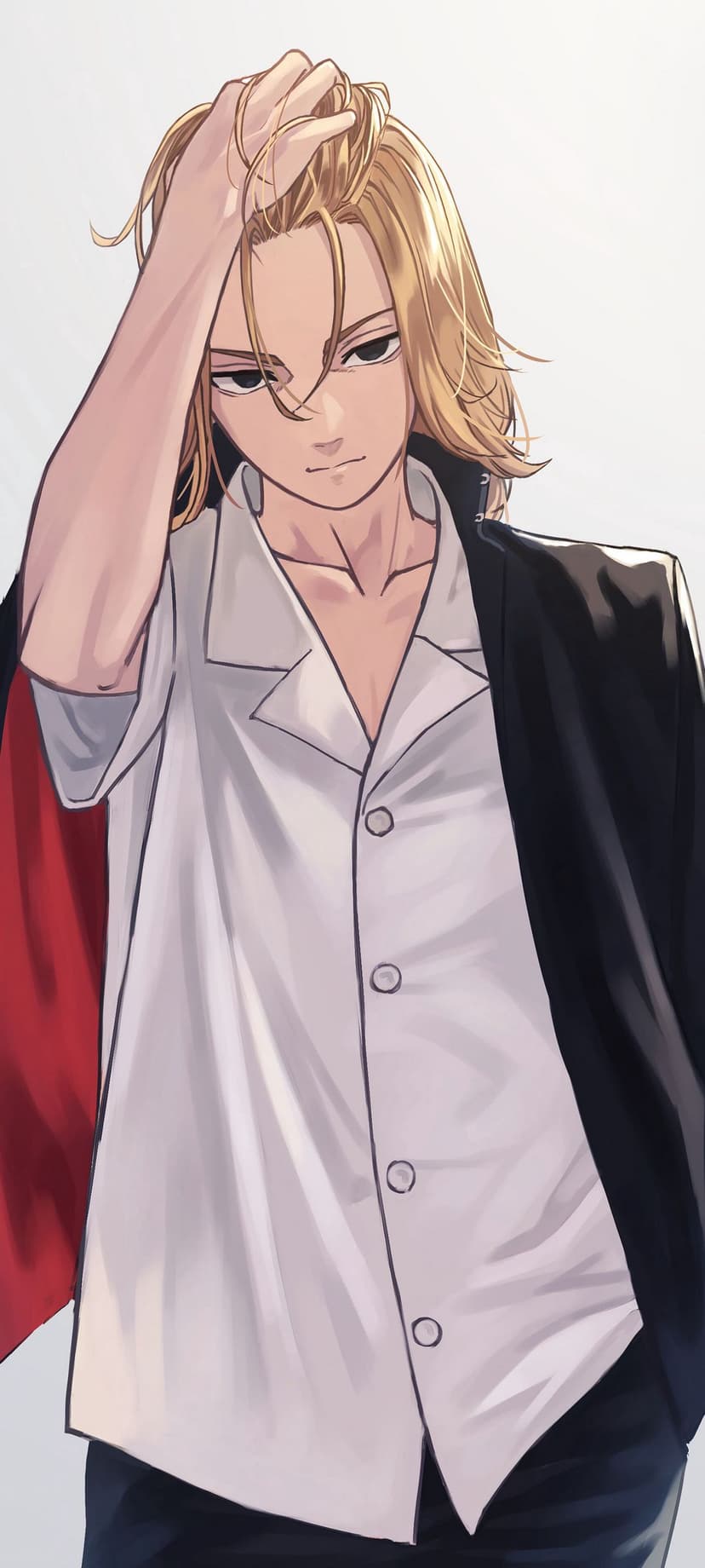 Blonde male character brushes hair back with his hand, wearing a dark blazer over a collared white shirt.