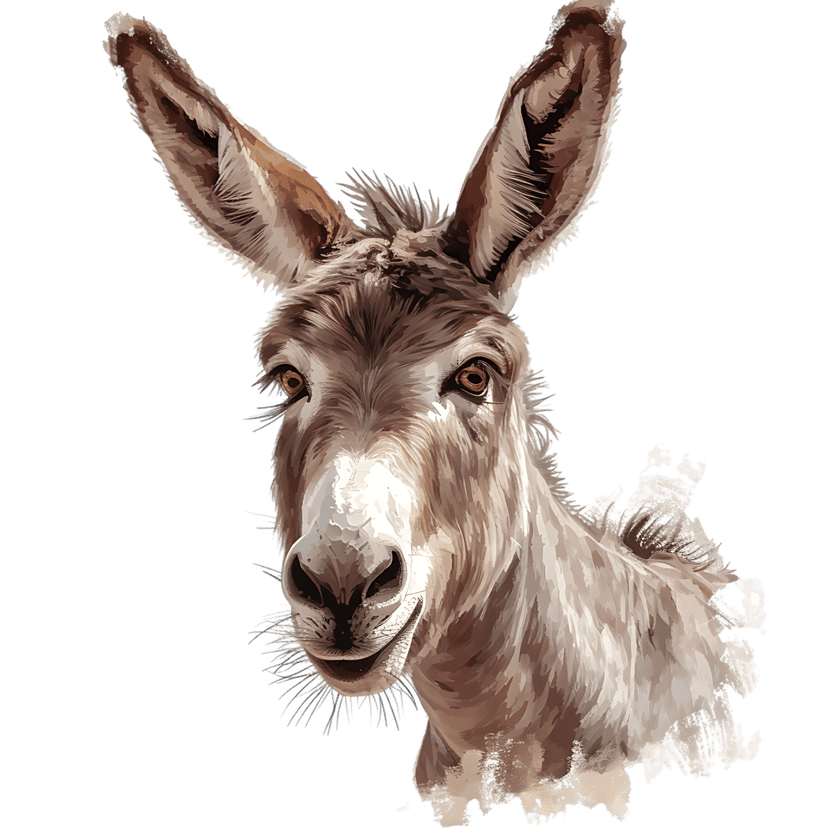Donkey head watercolor portrait with large ears and brown fur against a black background showing shaggy textures.