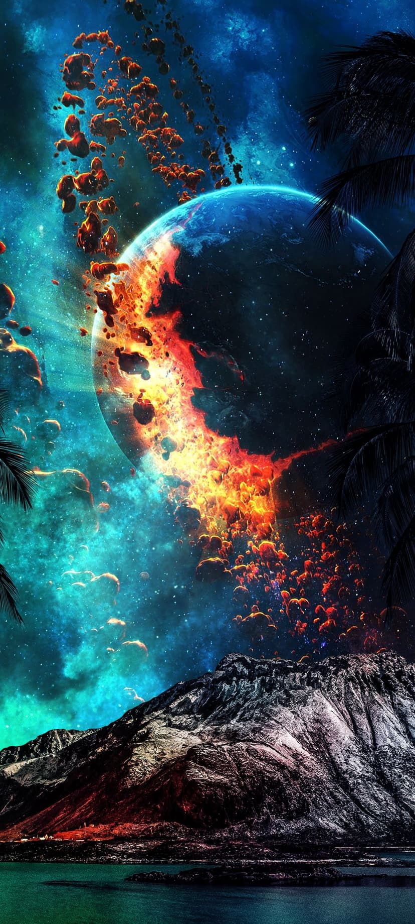 Molten orange planet above a dark volcanic shore with calm water and a purple nebula in the starry night sky.