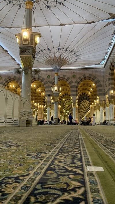 Interior of Prophet's Mosque with Retractable Umbrellas