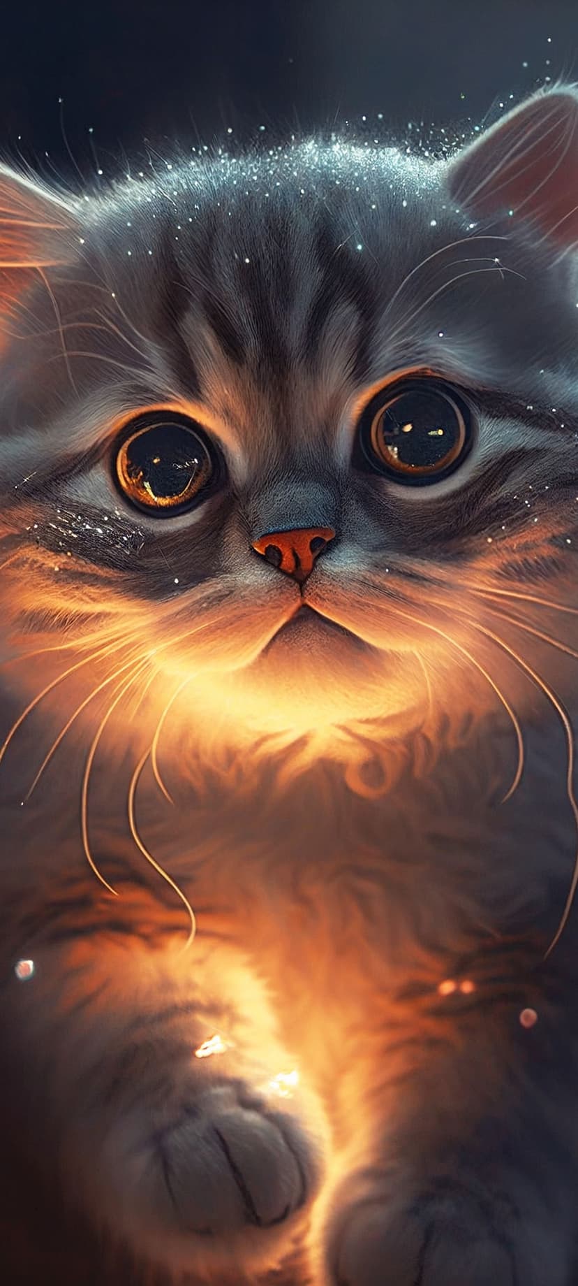 Gray tabby cat with luminous golden eyes and shimmering fur details set against a soft warm bokeh background.