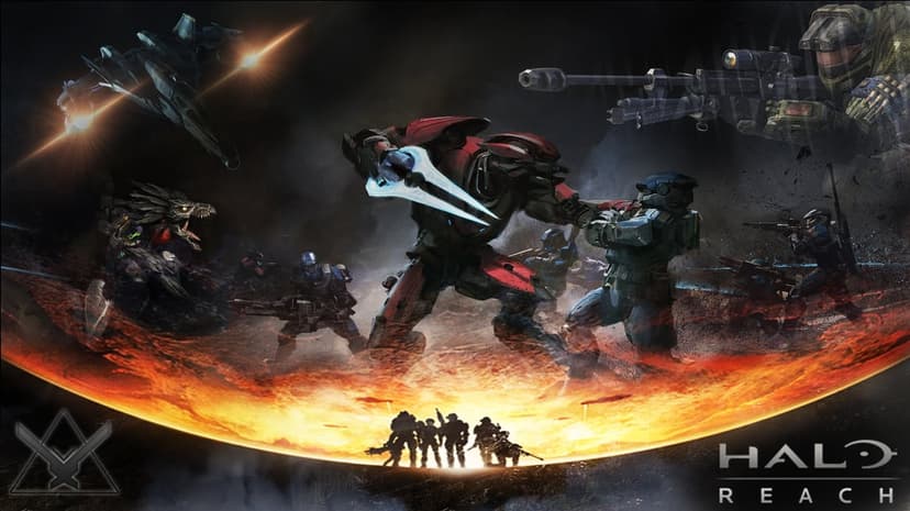 A Spartan fights an Elite with an energy sword above silhouettes of Noble Team against a fiery orange horizon.