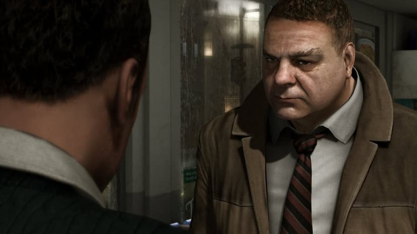 Scott Shelby in a brown trench coat stares intensely past another man toward a rain-streaked window.