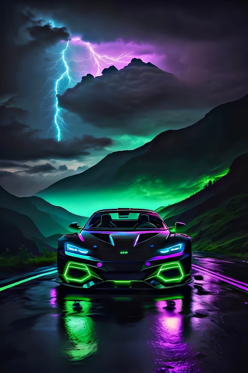 Cyberpunk sports car with neon green lights racing on a wet road under a sky filled with jagged purple lightning.