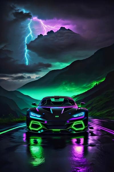 Futuristic Car Lightning Storm Neon Mountain Road