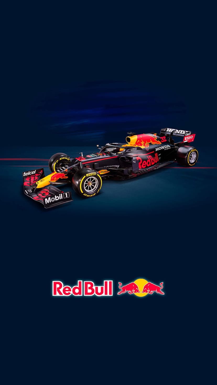 Red Bull Racing F1 car with red and yellow livery on a dark blue textured background with a charging bull logo.