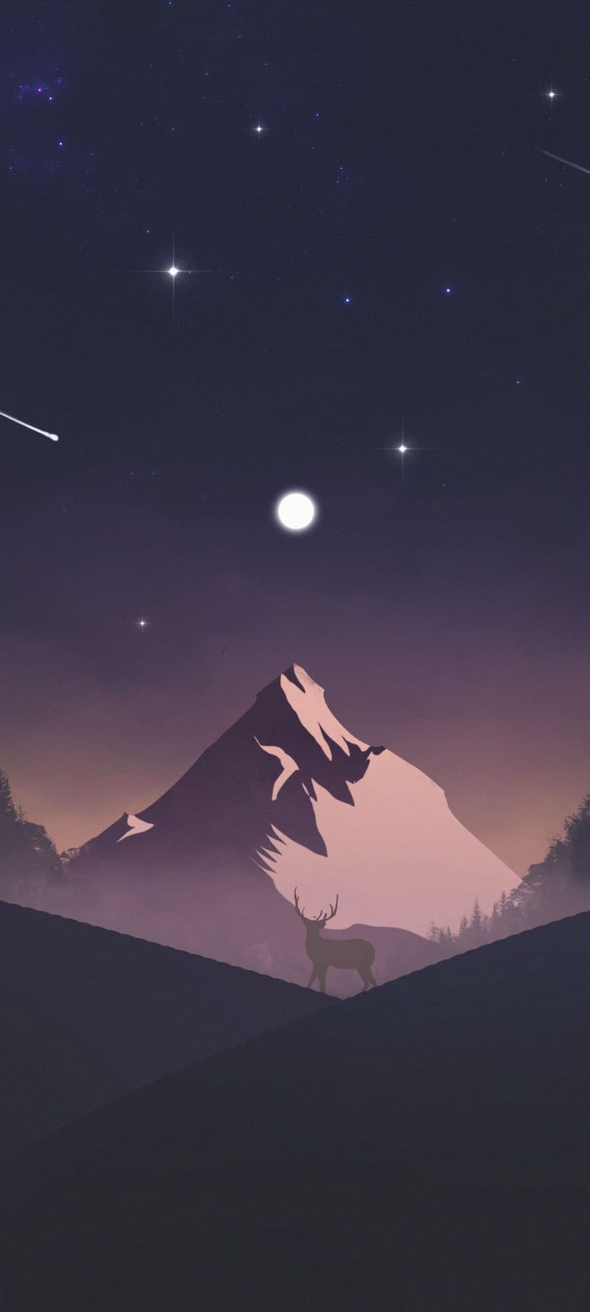 Deer silhouette stands on a rocky ledge before a tall mountain peak under a starry sky with a bright moon.