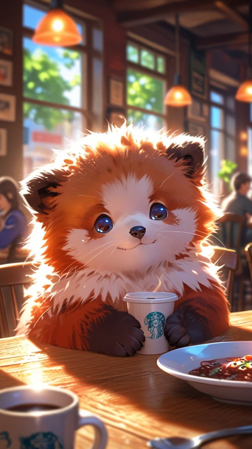 Red panda with large blue eyes sits at a wooden cafe table holding a white coffee cup in warm sunlight.
