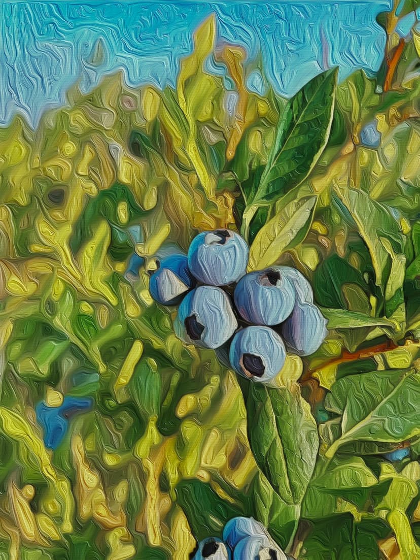 Ripe blueberries cluster on a leafy branch under bright sunlight with a soft, textured sky in the background.
