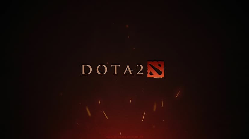 Dota 2 logo and text centered over a dark brown background with glowing orange embers at the bottom.