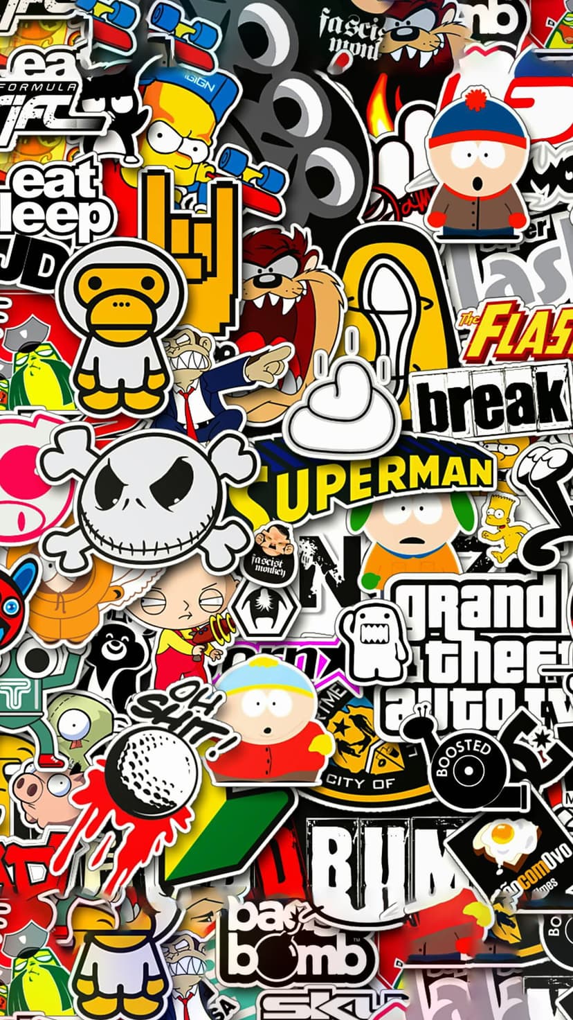 Overlapping stickers of cartoon characters, skulls, and graffiti tags create a dense, colorful urban collage.