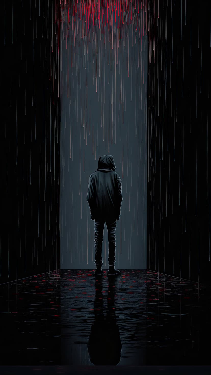Person in a dark hoodie stands in vertical red rain with crimson reflections on a wet, dark urban floor.