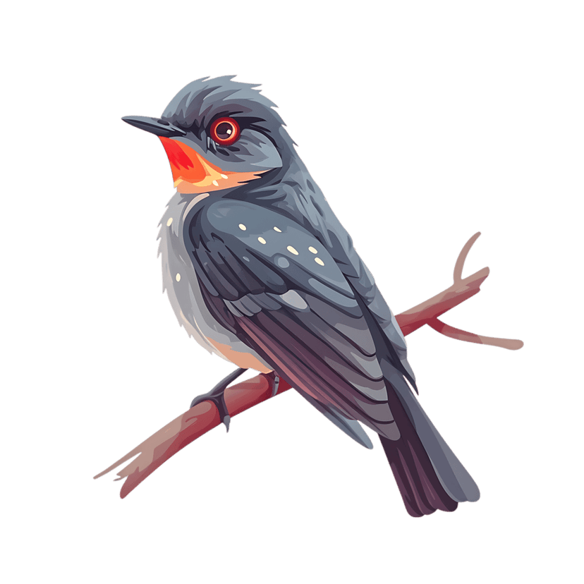 Stylized bird with red throat and grey plumage perches on a brown branch against a transparent background.