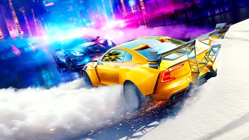 Yellow sports car drifting with sparks and smoke while a police car chases through a neon-lit night city.
