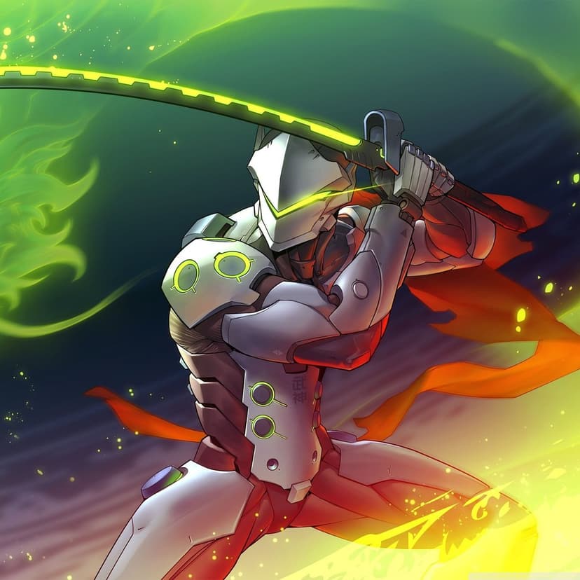 Cyborg ninja in white armor wields a glowing green katana against a dark swirling energy background.
