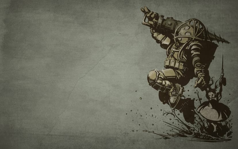 Big Daddy and Little Sister from BioShock in a high-contrast stencil art style on a textured green background.