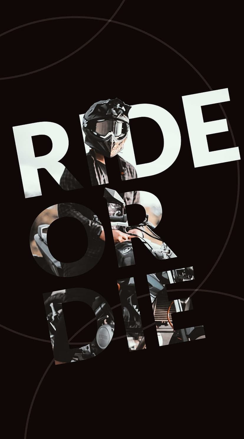 Motorcycle helmet and rider silhouettes masked within large Ride or Die text over a dark black background.