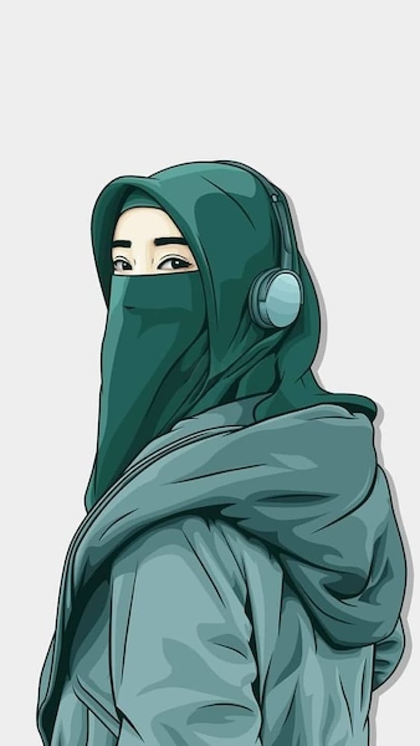 Woman wearing a green hijab, blue niqab, and blue headphones against a solid gray background in a profile view.
