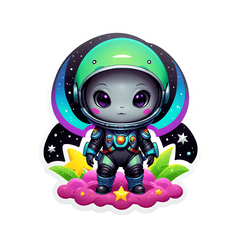 Alien astronaut character with green helmet stands on pink clouds under a starry night sky with star accents.