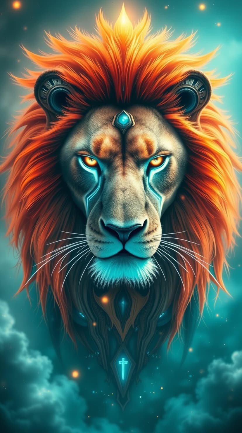 Lion head with orange flaming mane and glowing blue face markings centered against a dark starry nebula backdrop.