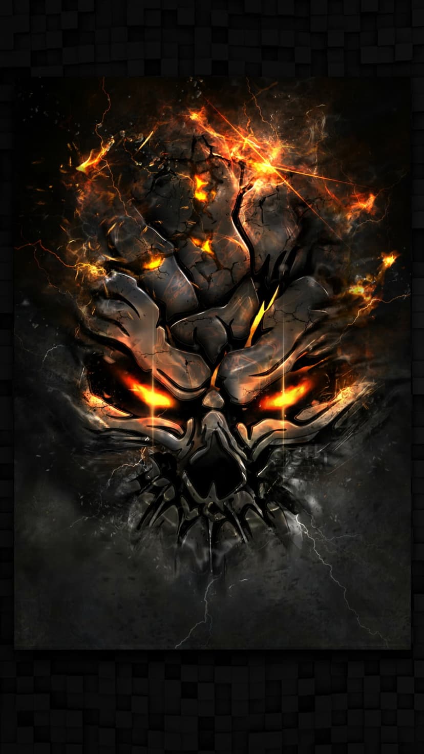 Burning demonic skull with glowing orange eyes and cracked textures is surrounded by crackling blue lightning.