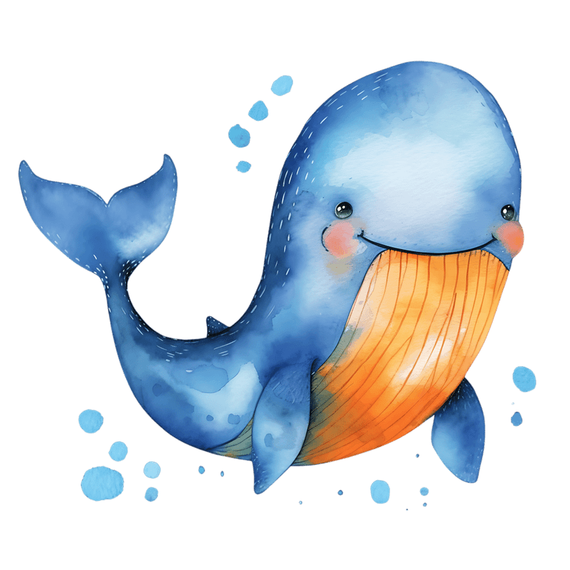 Blue whale watercolor illustration features a smiling mammal with an orange mouth and floating blue bubbles.