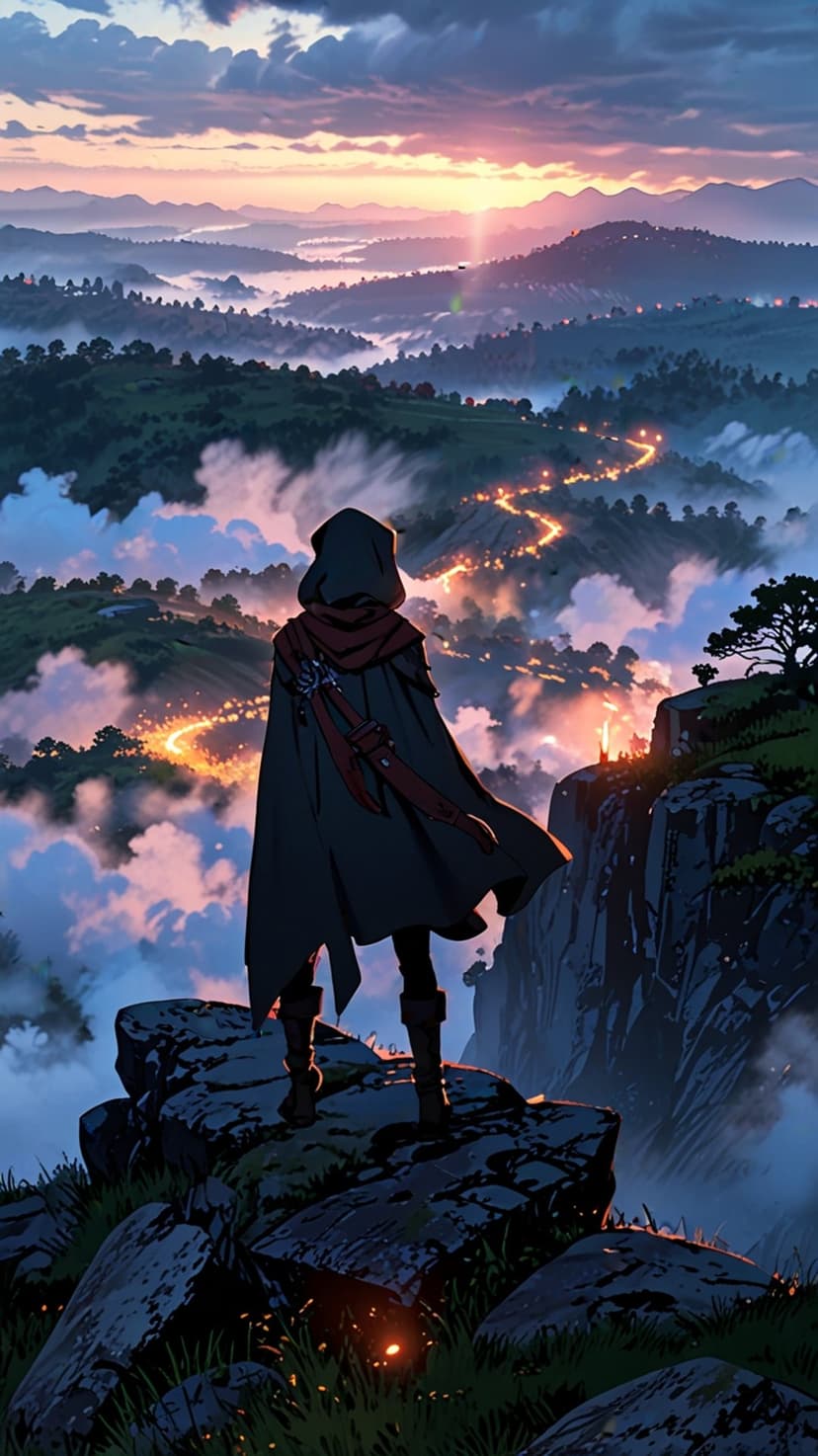 Cloaked figure on a cliff overlooking a misty mountain valley with a winding golden path under a sunrise sky.