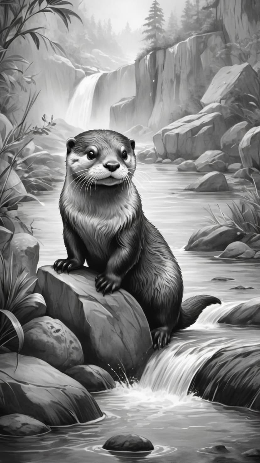 Otter with soft fur sitting on a mossy rock beside a cascading waterfall in a detailed grayscale landscape.
