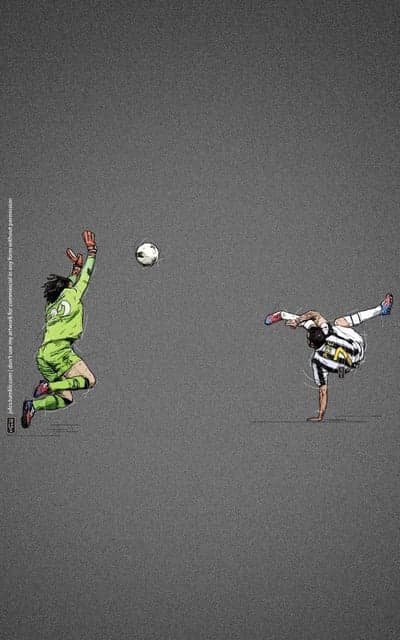 A sketchy illustration of a soccer goalkeeper and a forward