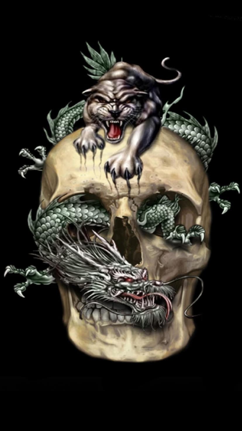 Human skull entwined with a scaly dragon and a roaring panther featuring sharp claws and moody dark lighting.