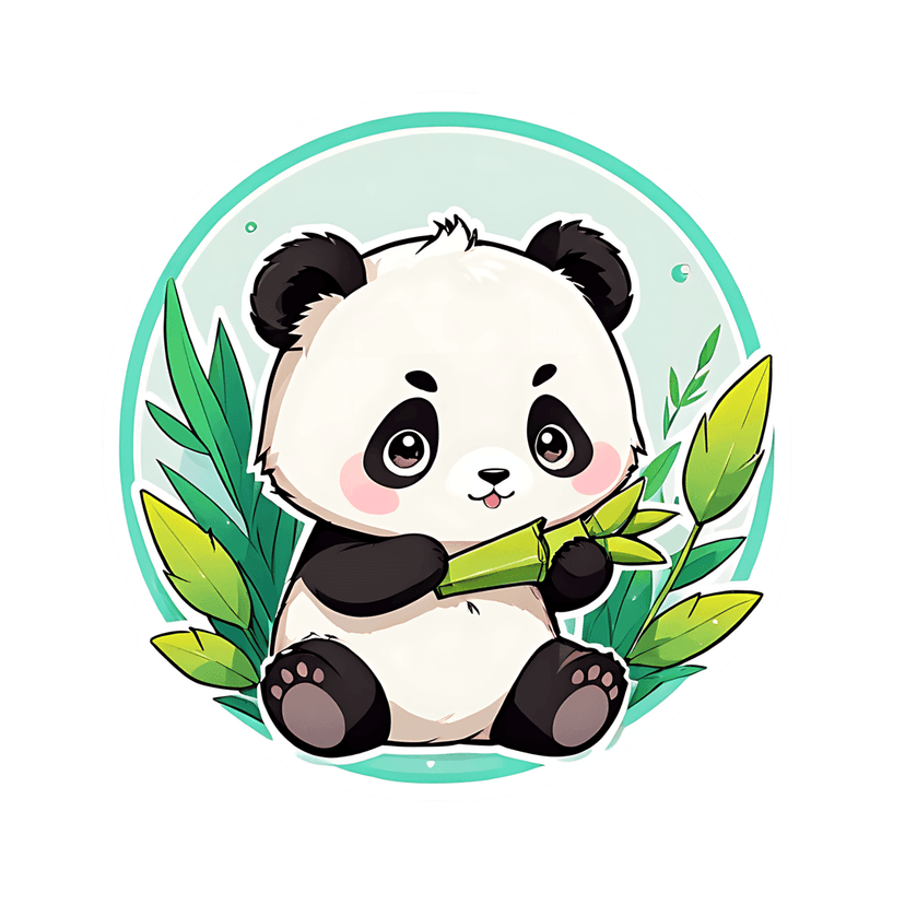 Panda bear sticker illustration holding green bamboo stalks inside a mint green circle with white border.