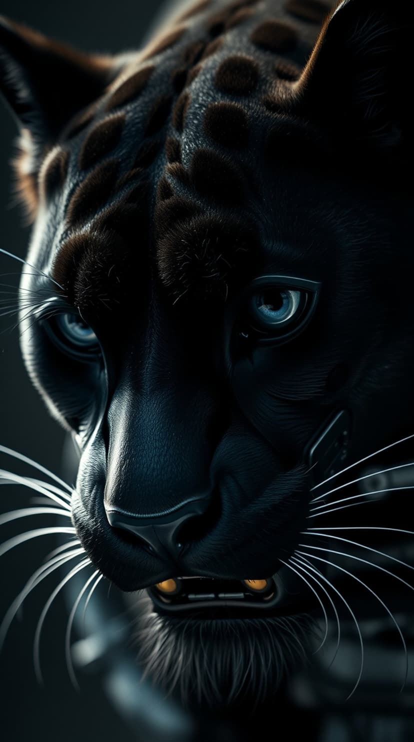 Black panther with piercing blue eyes and visible fangs shows detailed fur textures in a close-up animal portrait.