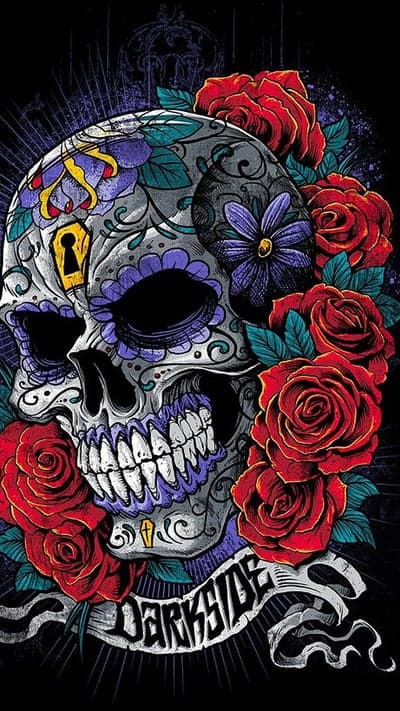 Day of the Dead Skull with Red Roses and Darkside Banner