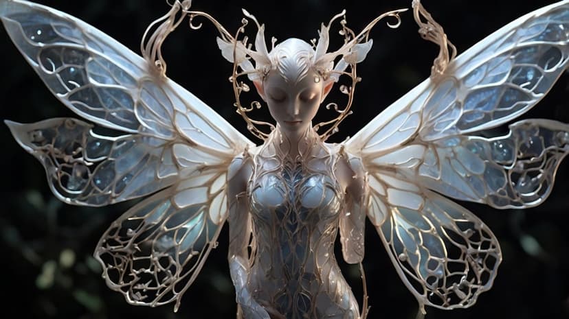 Slender fairy with glowing translucent wings wears ornate crystal armor in a dark, atmospheric misty forest.