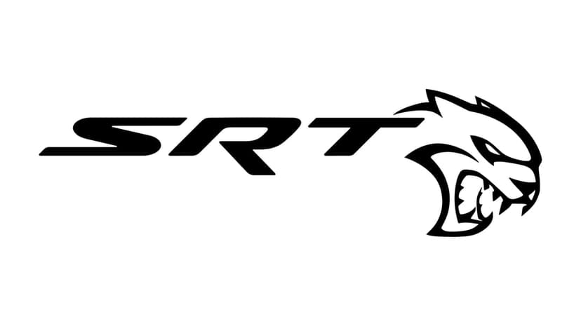 Black SRT text and a stylized roaring Hellcat wildcat emblem centered on a clean white landscape background.