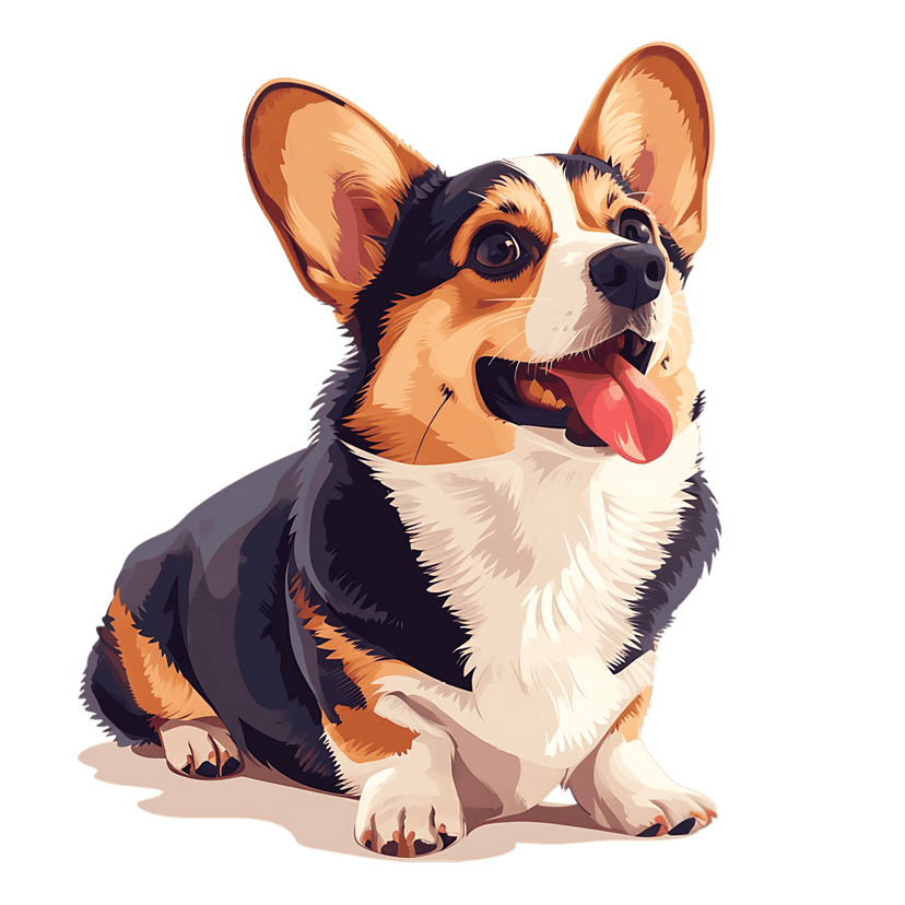 Pembroke Welsh Corgi vector illustration sitting upright with a pink tongue out and vibrant orange fur.