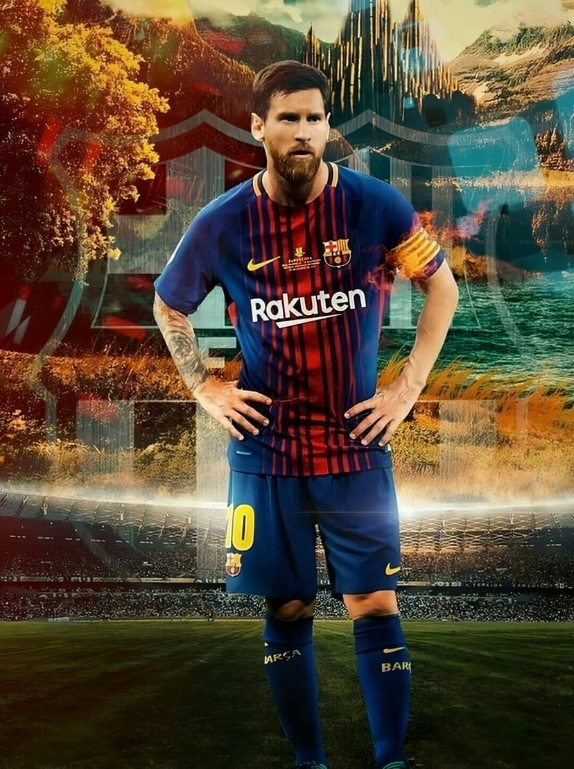 Lionel Messi in a Barcelona jersey stands before a misty stadium, blue water, and rocky mountain ranges.