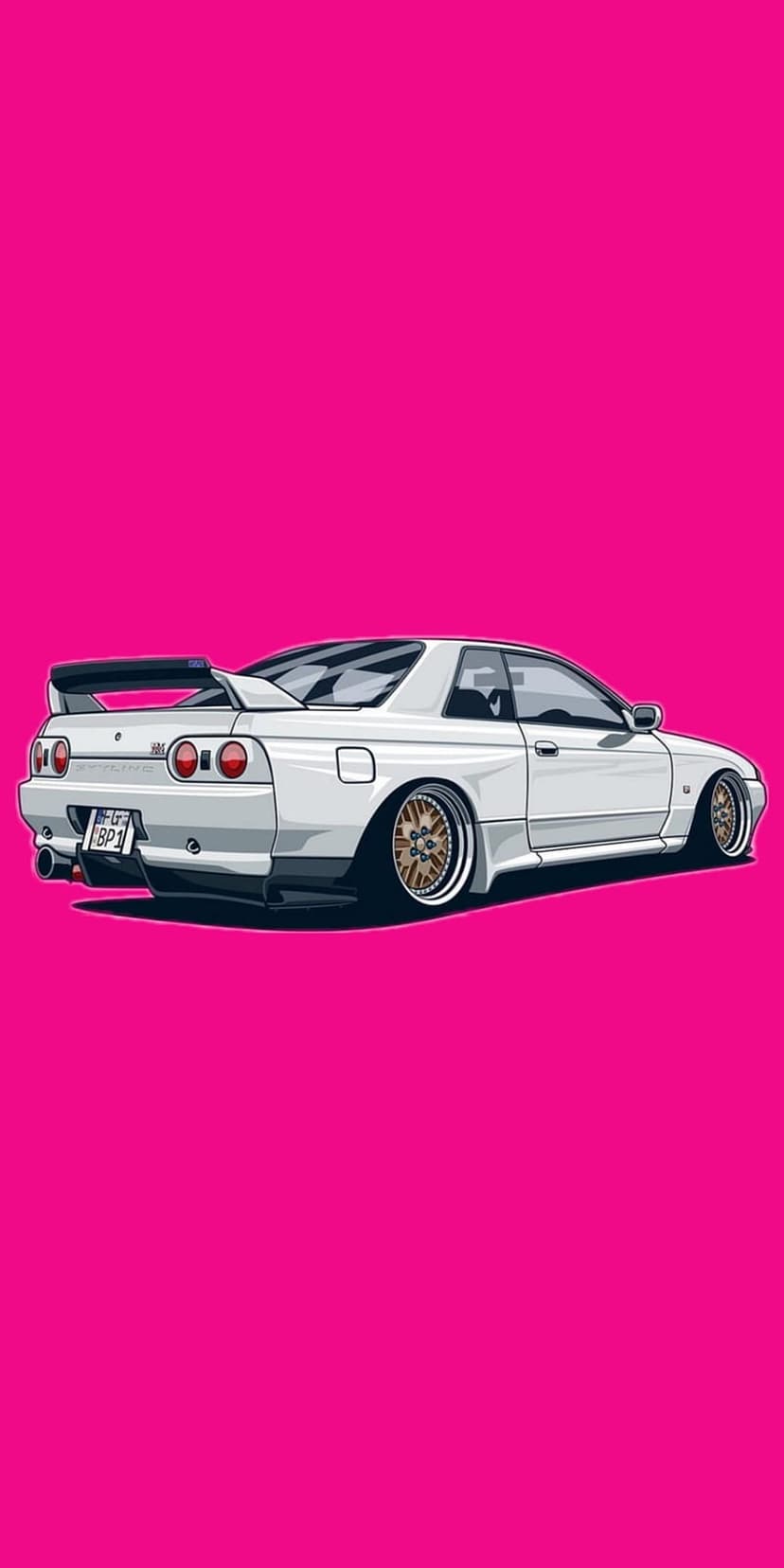 Nissan Skyline R32 GT-R in white with gold rims and red taillights positioned on a vivid neon pink background.