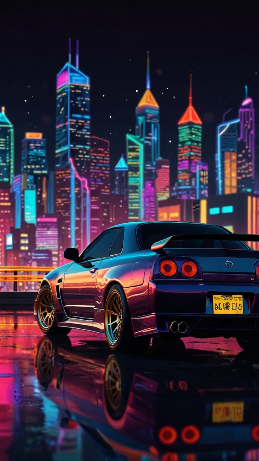 Purple sports car parked on a wet city street reflecting glowing neon lights of a futuristic skyline at night.