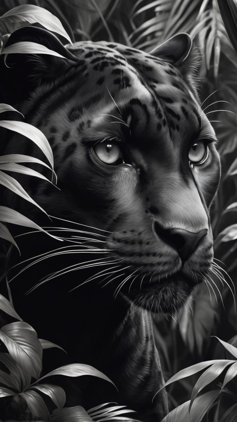 Black panther peering through tropical leaves in a monochrome close-up highlighting its gaze and fur.