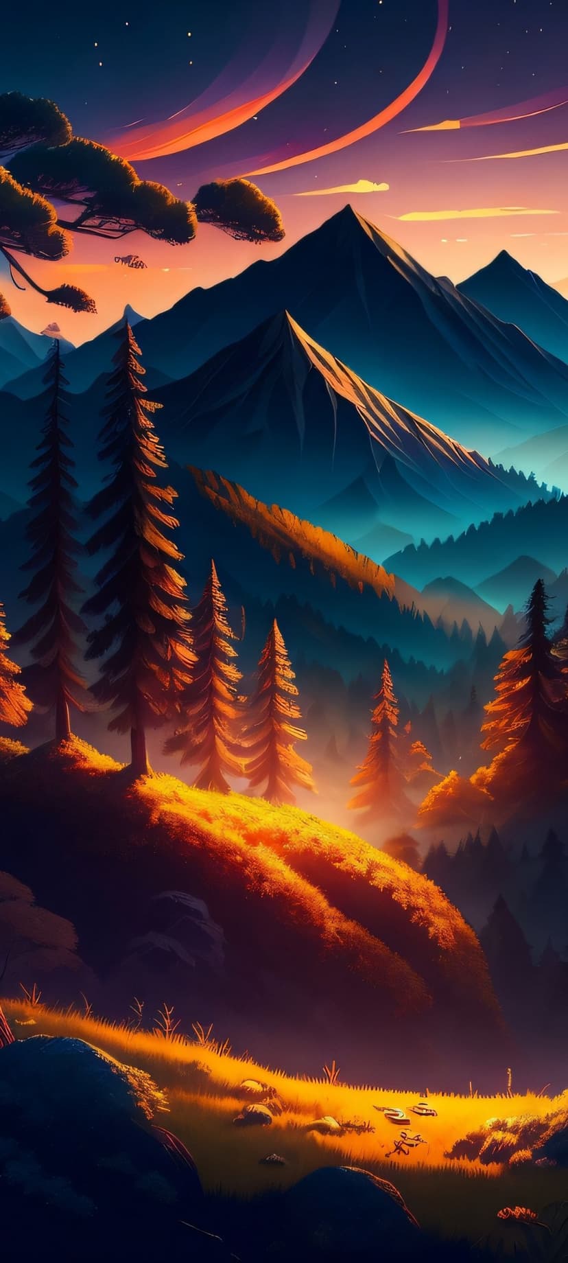 Snowy peaks overlook a pine forest under an orange and purple twilight sky filled with stars and glowing clouds.