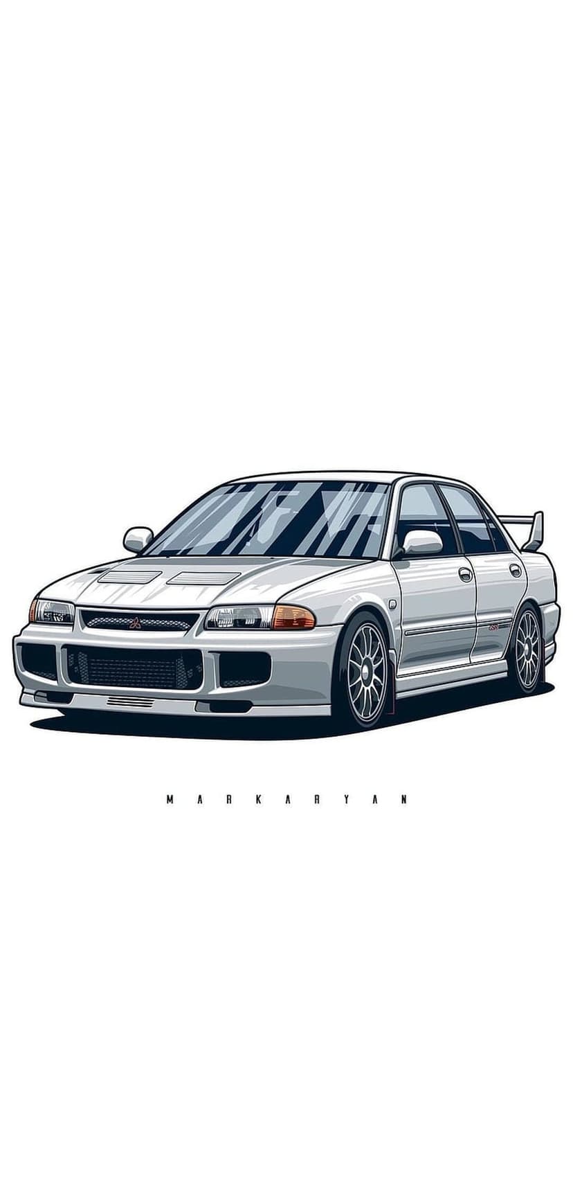 White Mitsubishi Lancer Evolution IV with a large rear spoiler and aggressive front bumper on a plain background.