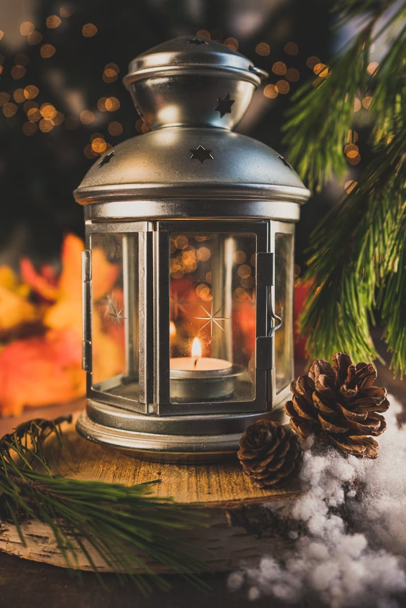 Ornate star-cut lantern with a lit candle on a wood slice surrounded by pine cones and holiday bokeh lights.
