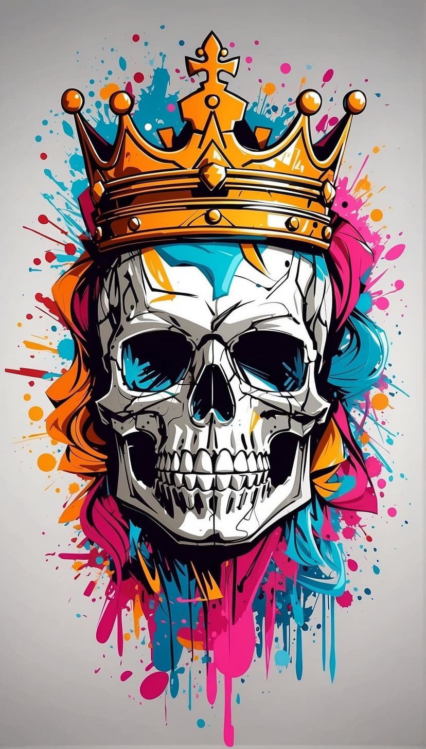 Human skull wearing a golden crown amid vibrant pink and blue paint splatters on a dark vertical background.